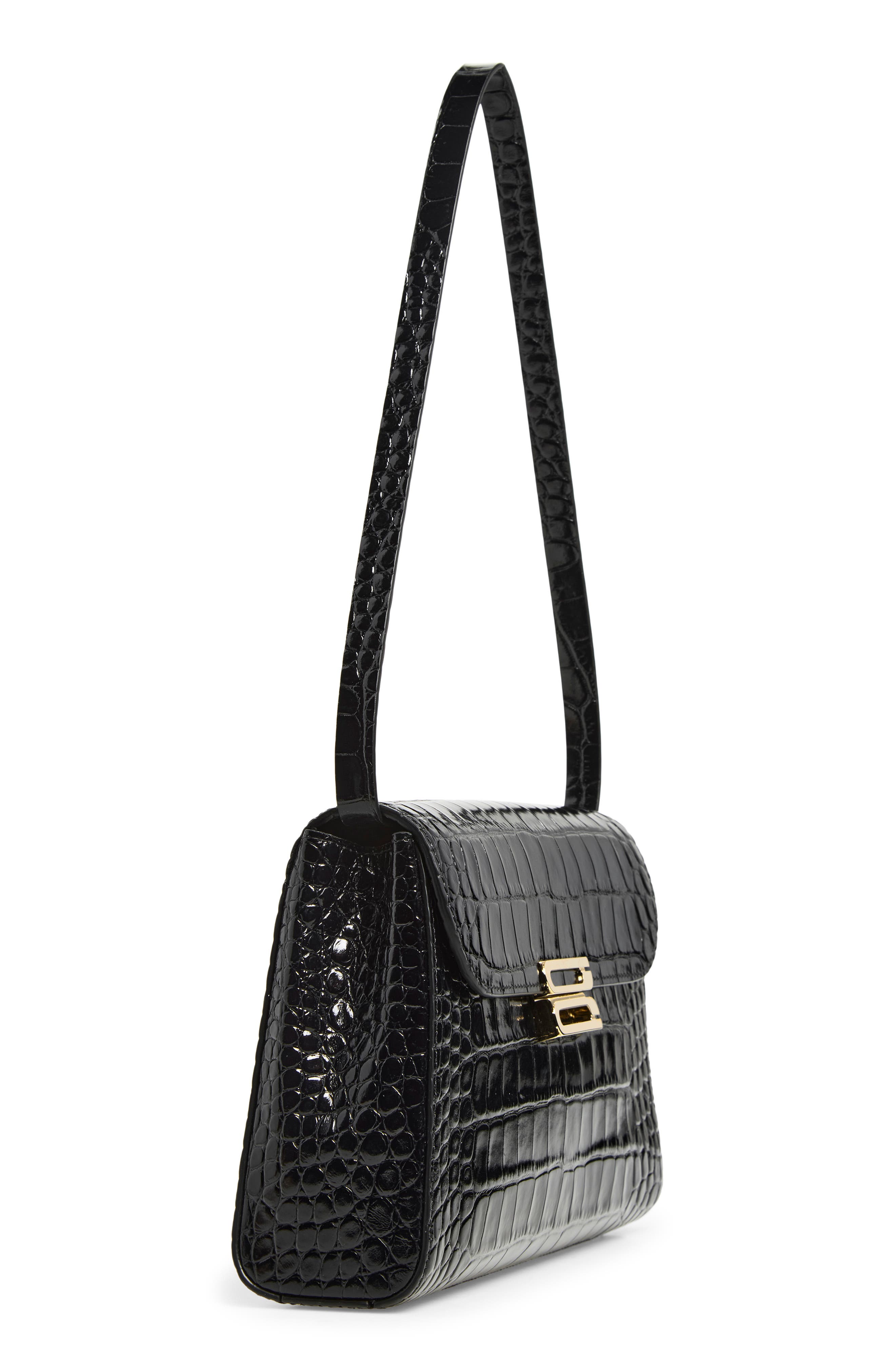 Dorian Croc Embossed Leather Trapeze Bag, Alternate, color, BLACK 1