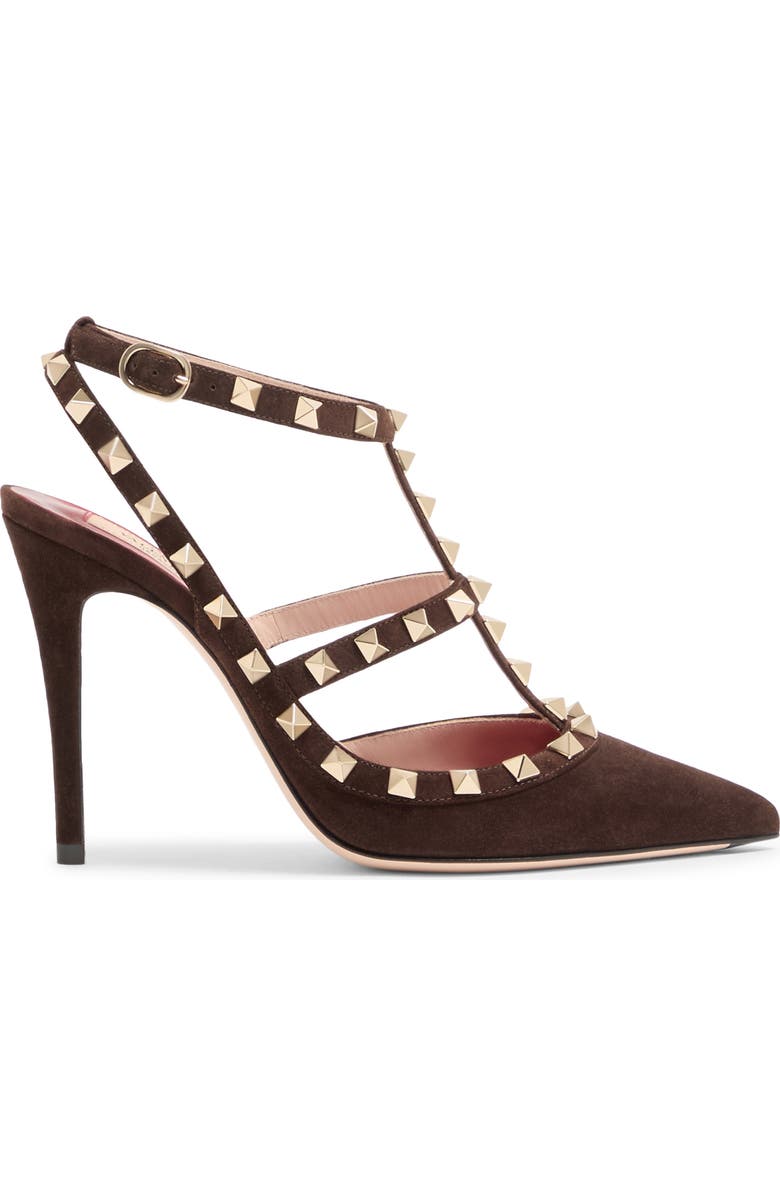 Valentino Rockstud Pointed Toe Ankle Strap Pump, Alternate, color, Brown