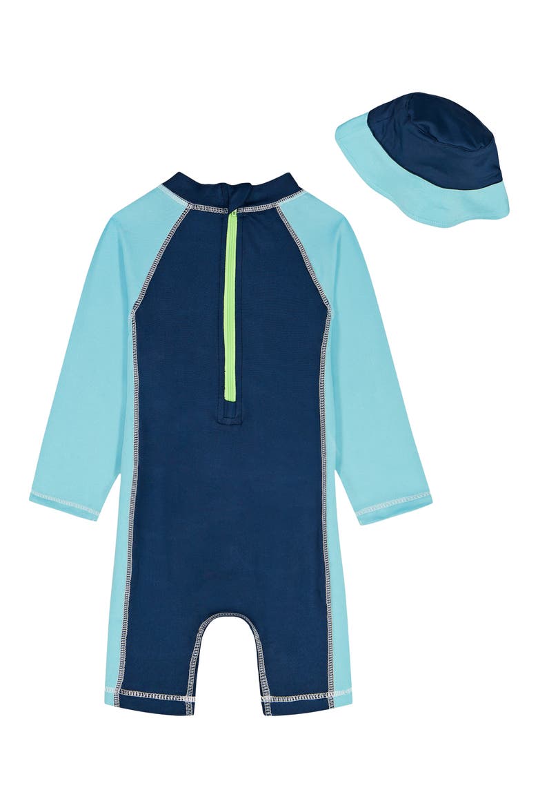 Long Sleeve One-Piece Rashguard Swimsuit & Hat Set, Alternate, color, BLUE MULTI