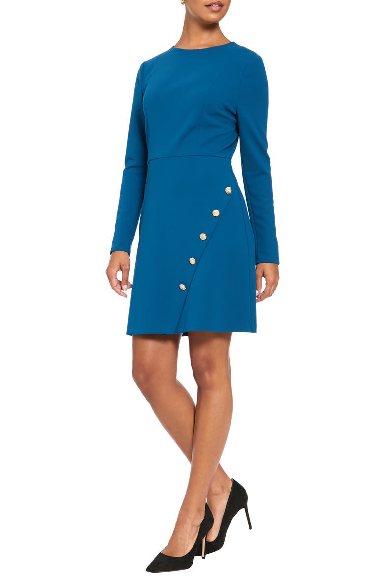 Long Sleeve Sash Tie Trapeze Dress, Alternate, color, BLUE/ IVORY