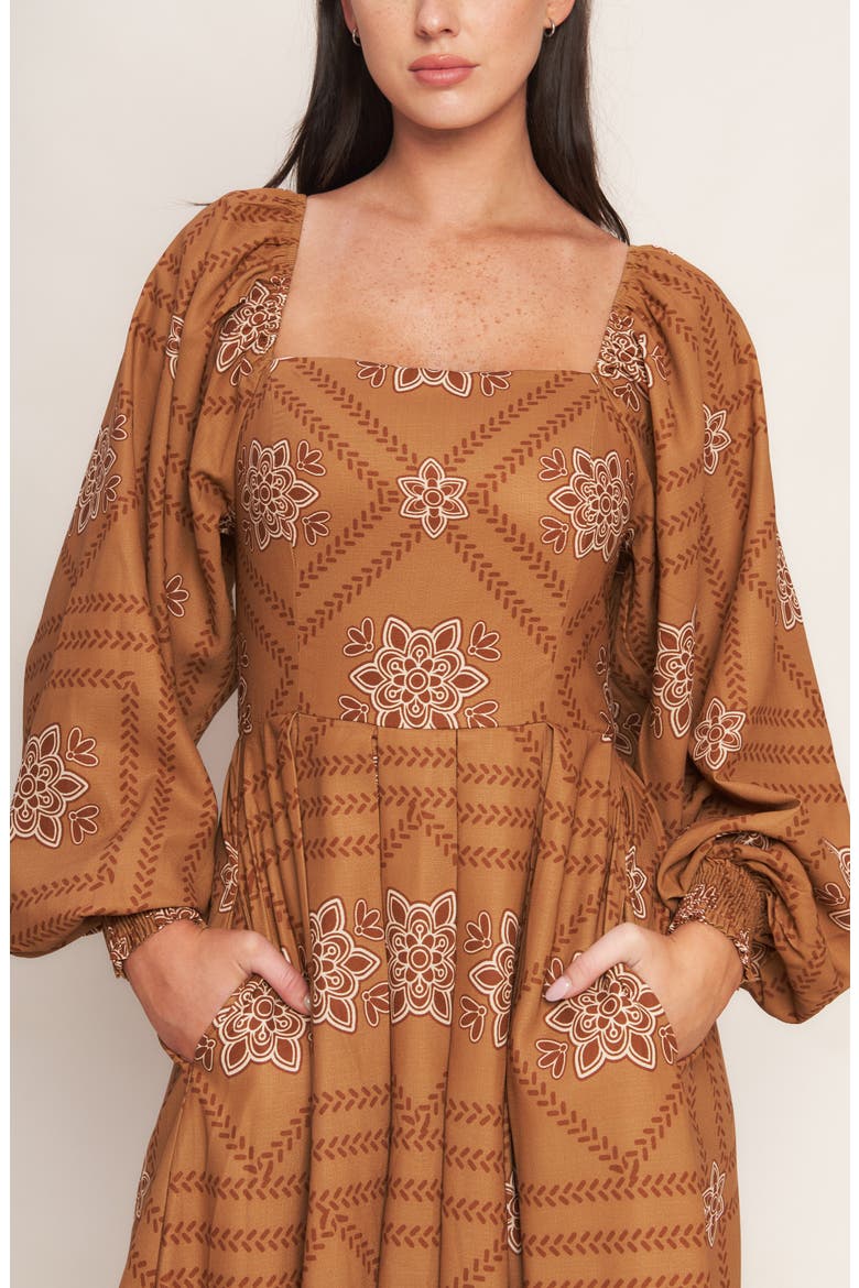 Long Sleeve Print Midi Dress, Alternate, color, CAMEL