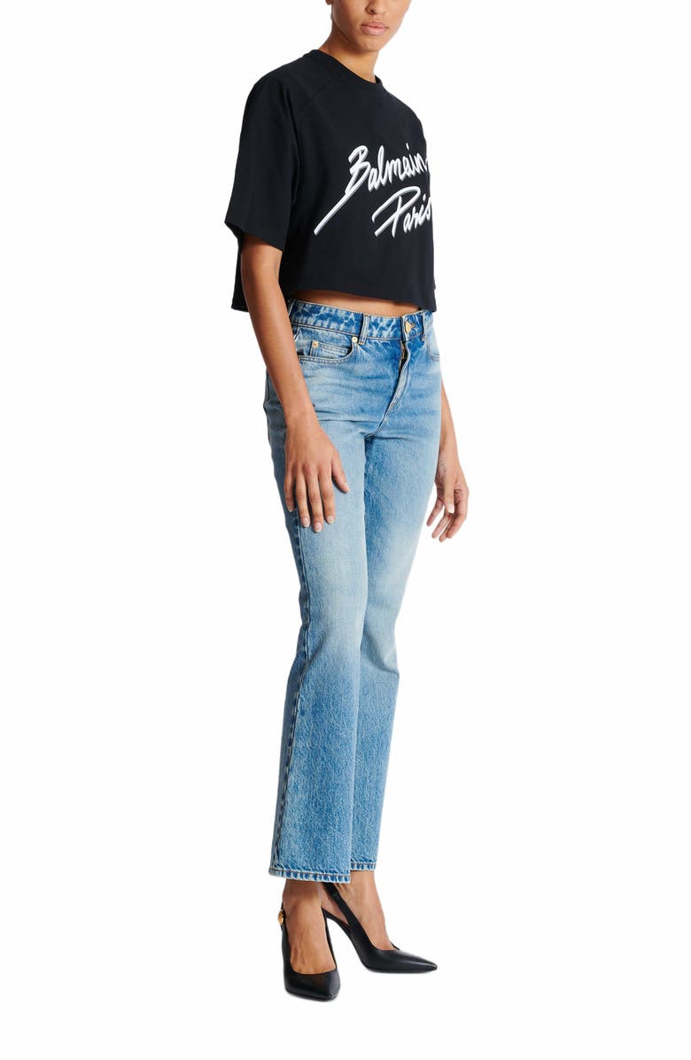 Balmain Cropped T-Shirt With Flocked Balmain Letter Logo, Alternate, color,