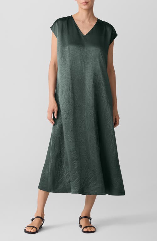 Eileen Fisher Satin V Neck Cap Sleeve Midi Dress In Green