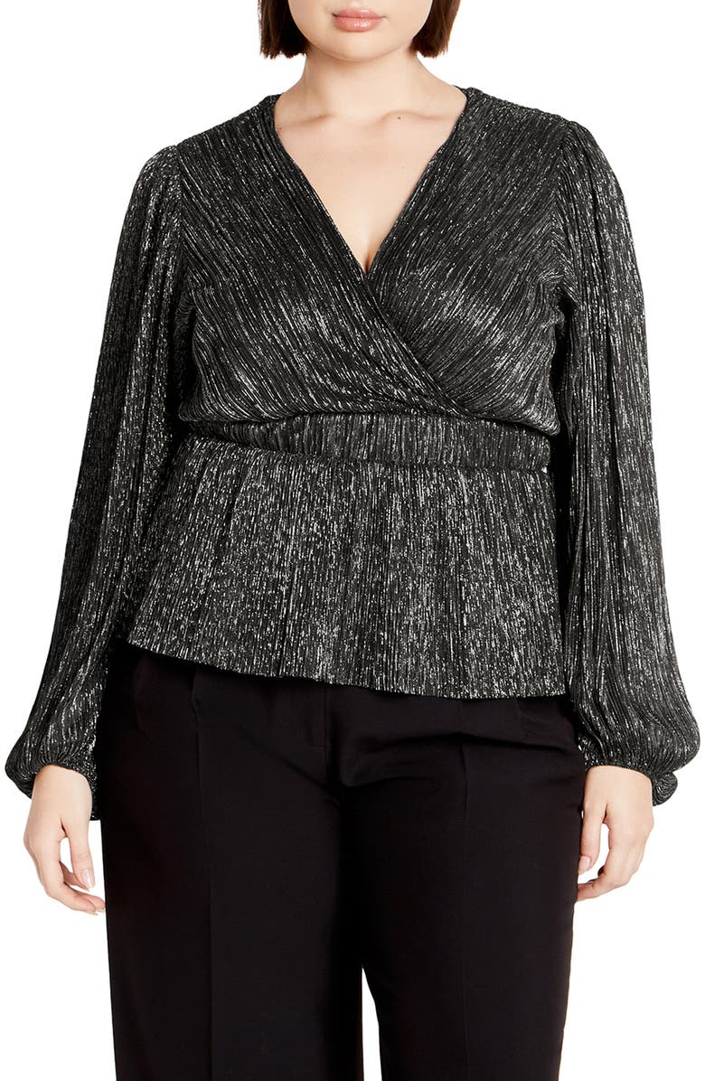City Chic Lilian Metallic Wrap Front Top, Main, color, 