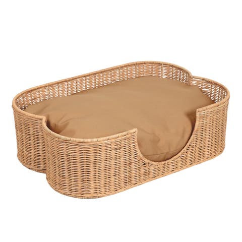 Scallop Tropical Handwoven Rattan Pet Bed with Machine Washable Cushion