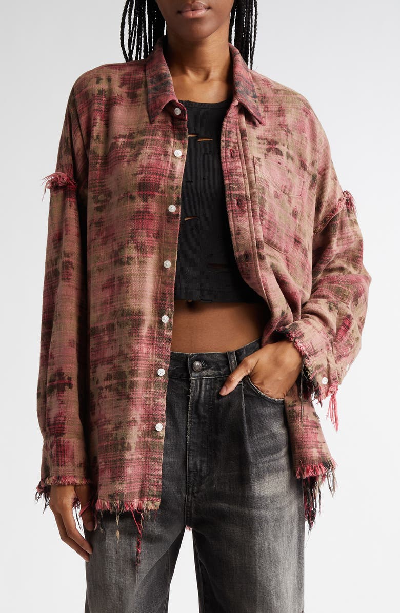 R13 Shredded Seam Drop Neck Plaid Flannel Button-Up Shirt, Main, color, 
