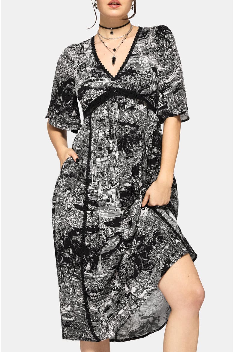 Nara Boudicca Printed Midi Dress, Alternate, color, Black