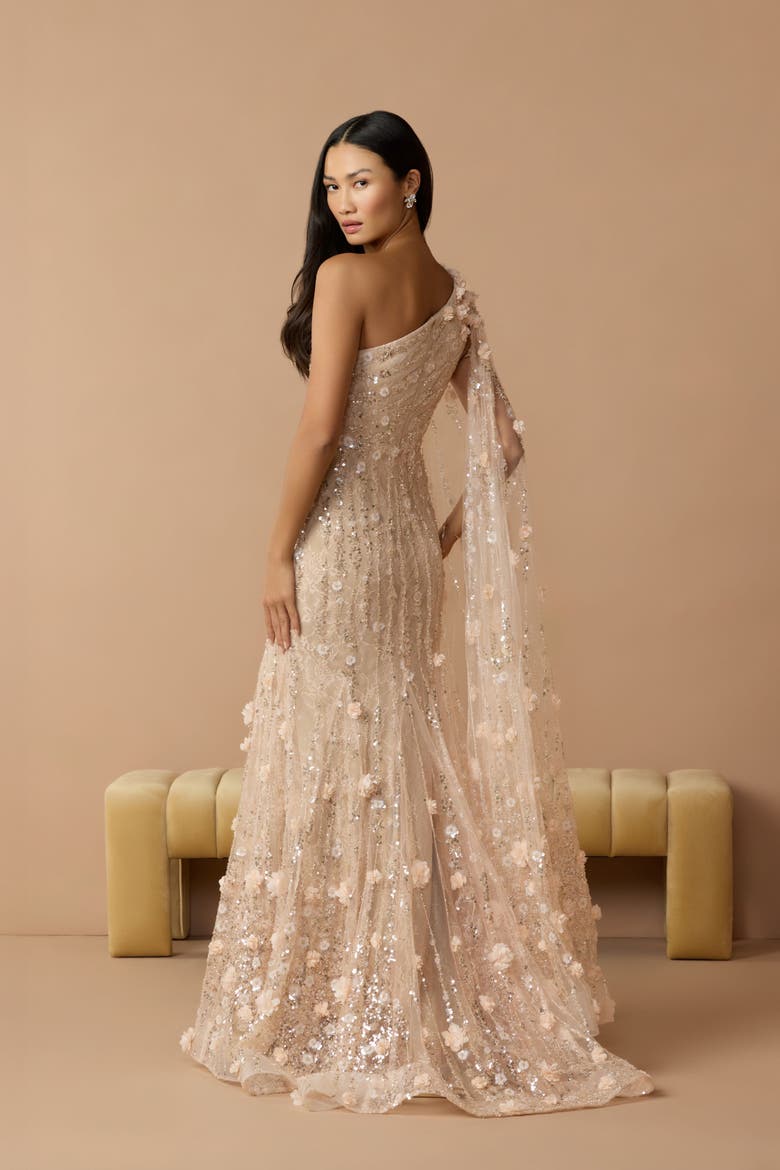 Floral Mesh One Shoulder Trumpet Gown With Float, Alternate, color, Porcelain