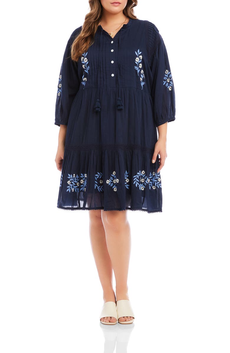 Karen Kane Floral Embroidered Tassel Cotton Dress, Main, color, Navy
