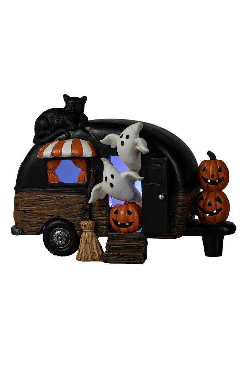 Halloween Polyresin Lighted Camper with Ghost Black Cat Table Decor, Main, color, Black