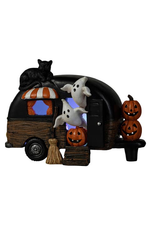Halloween Polyresin Lighted Camper with Ghost Black Cat Table Decor