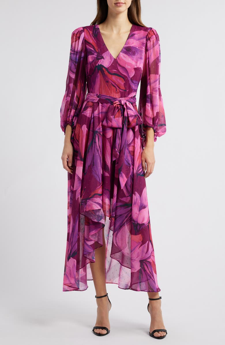 Eliza J Metallic Fleck Floral Long Sleeve High Low Dress, Main, color, Berry