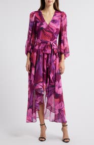 Eliza J Metallic Fleck Floral Long Sleeve High Low Dress