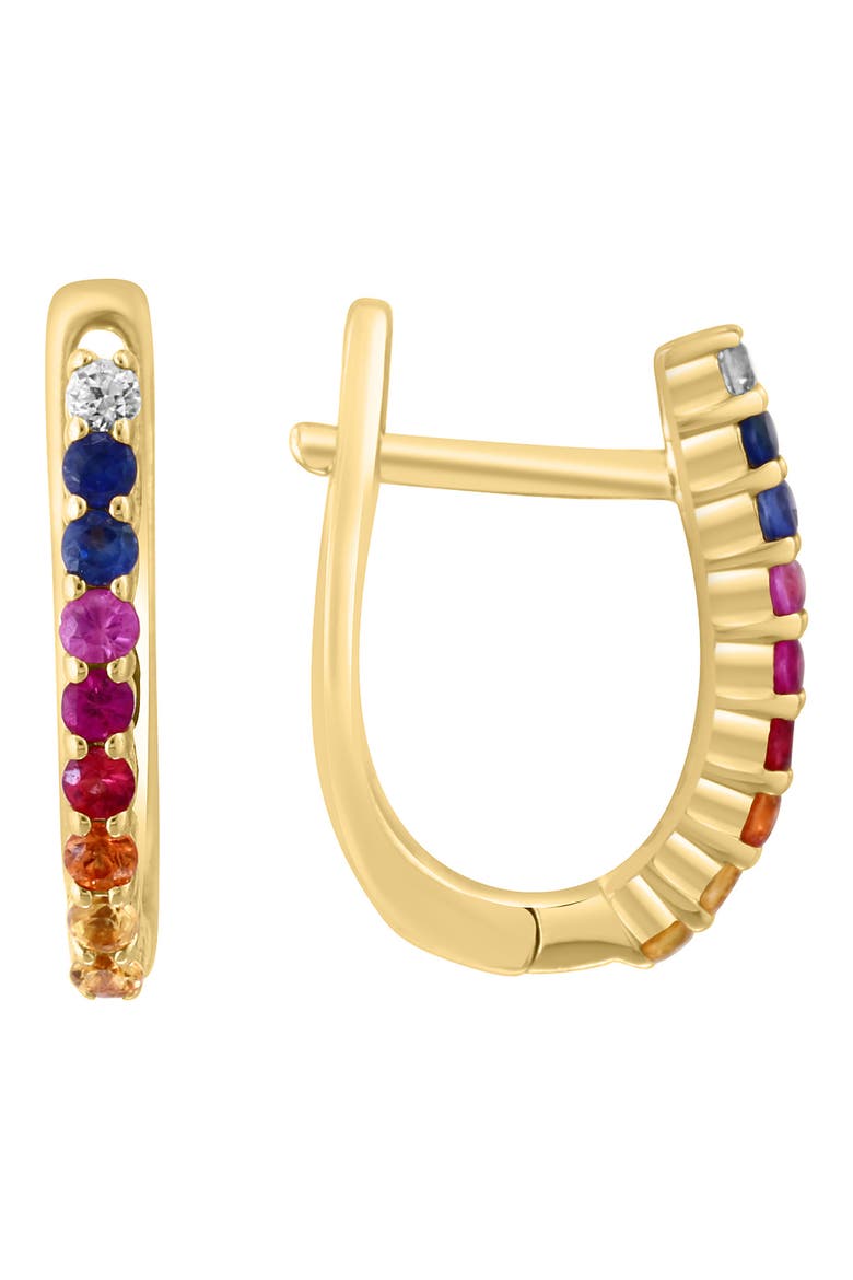 14K Gold Plated Sterling Silver Rainbow Sapphire Hoop Earrings, Main, color, GOLD MULTI