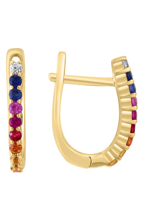 14K Gold Plated Sterling Silver Rainbow Sapphire Hoop Earrings