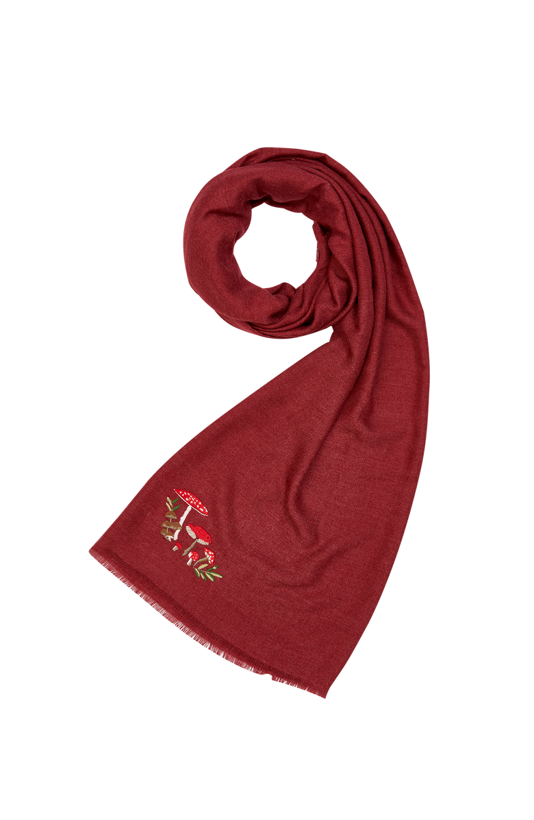 Fable England Mushroom Embroidered Burgundy Pashmina Scarf, Main, color, Red