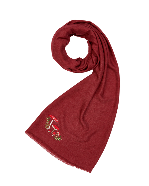 Mushroom Embroidered Burgundy Pashmina Scarf