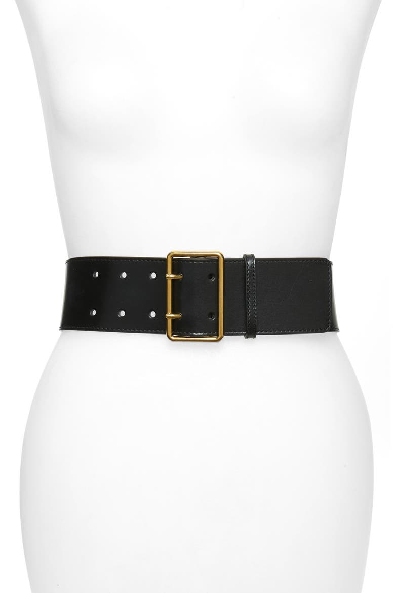 Alexander McQueen 65 Double Prong Leather Belt, Main, color, BLACK
