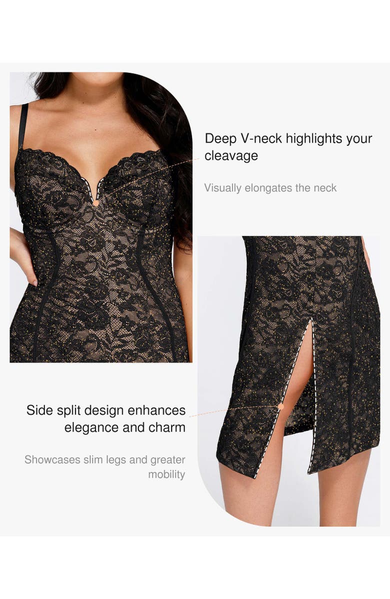 Popilush Shapewear All-Lace Hourglass Corset Side Slit Midi Dress, Alternate, color, Midnight Black