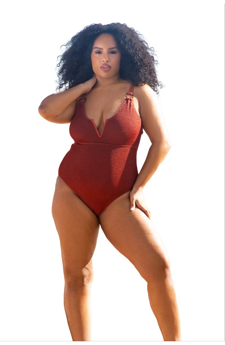 FASHION-SZN CURVE Curve Trim Detail Crinkle Swimsuit, Alternate, color, Brown