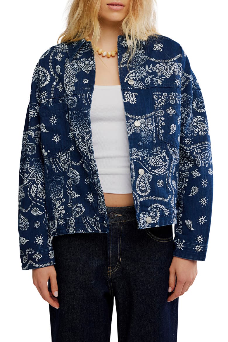 Opal Swing Print Denim Jacket, Main, color, NAVY COMBO- BANDANA