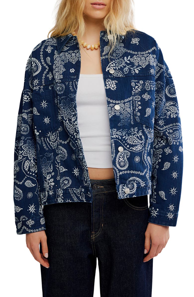 Free People Opal Swing Print Denim Jacket, Main, color, Navy Combo- Bandana