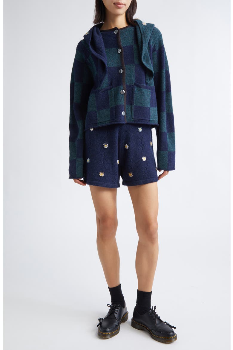 Daisy Embroidered Lambswool Sweater Shorts, Alternate, color, NAVY