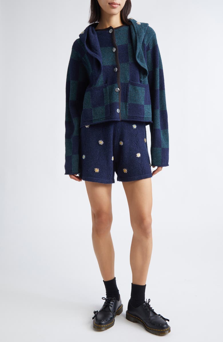 YanYan Daisy Embroidered Lambswool Sweater Shorts, Alternate, color, Navy