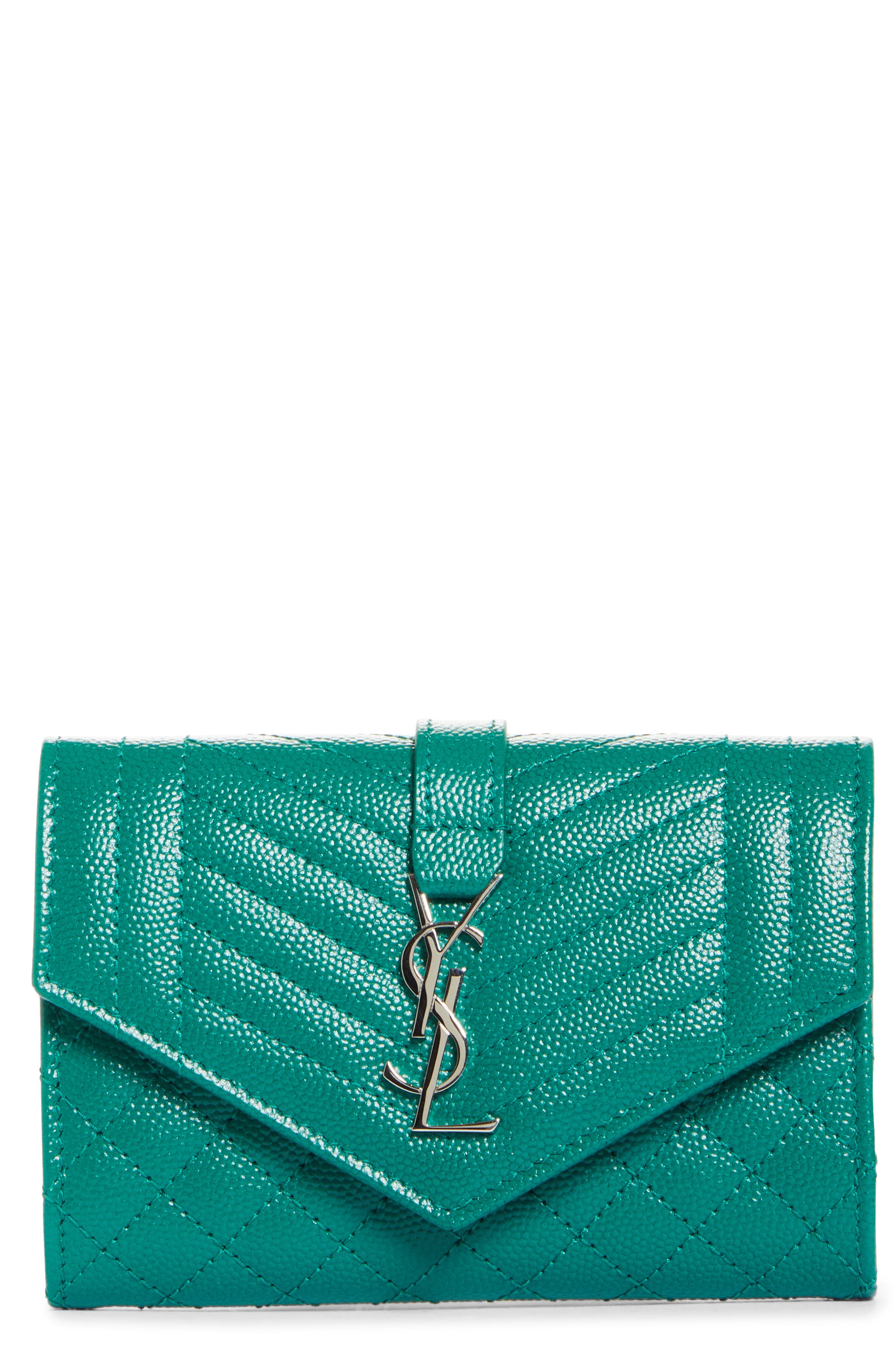 Small Matelassé Leather Envelope Wallet, Main, color, GREEN FIELD