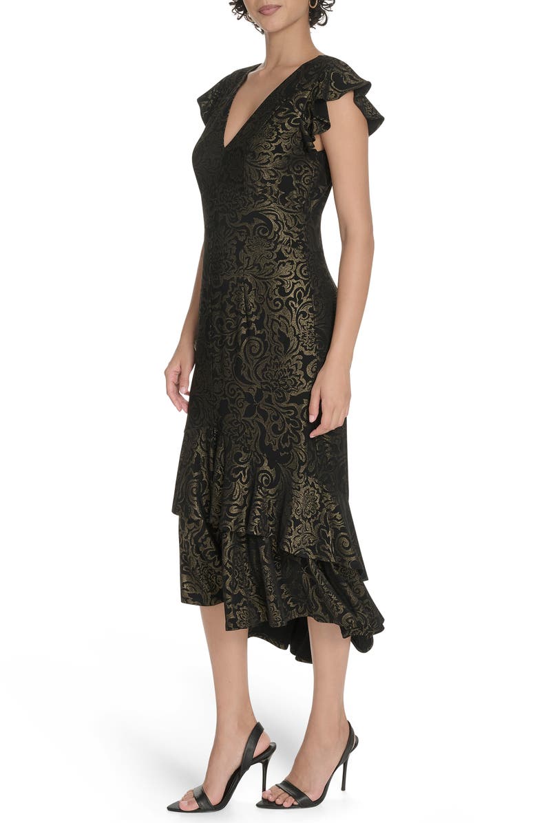 Tommy Hilfiger Floral Flutter Sleeve Empire Waist Midi Dress, Alternate, color, Black/ Gold