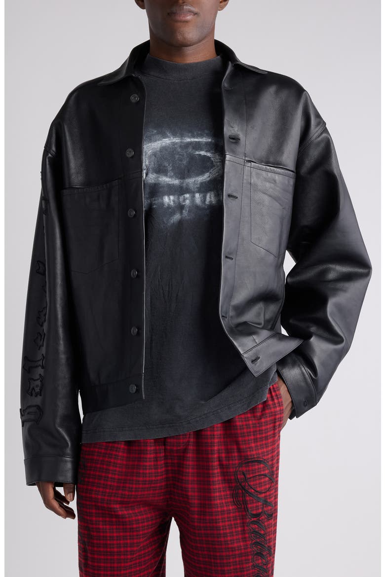 Logo Leather Shirt Jacket, Main, color, 1000 BLACK
