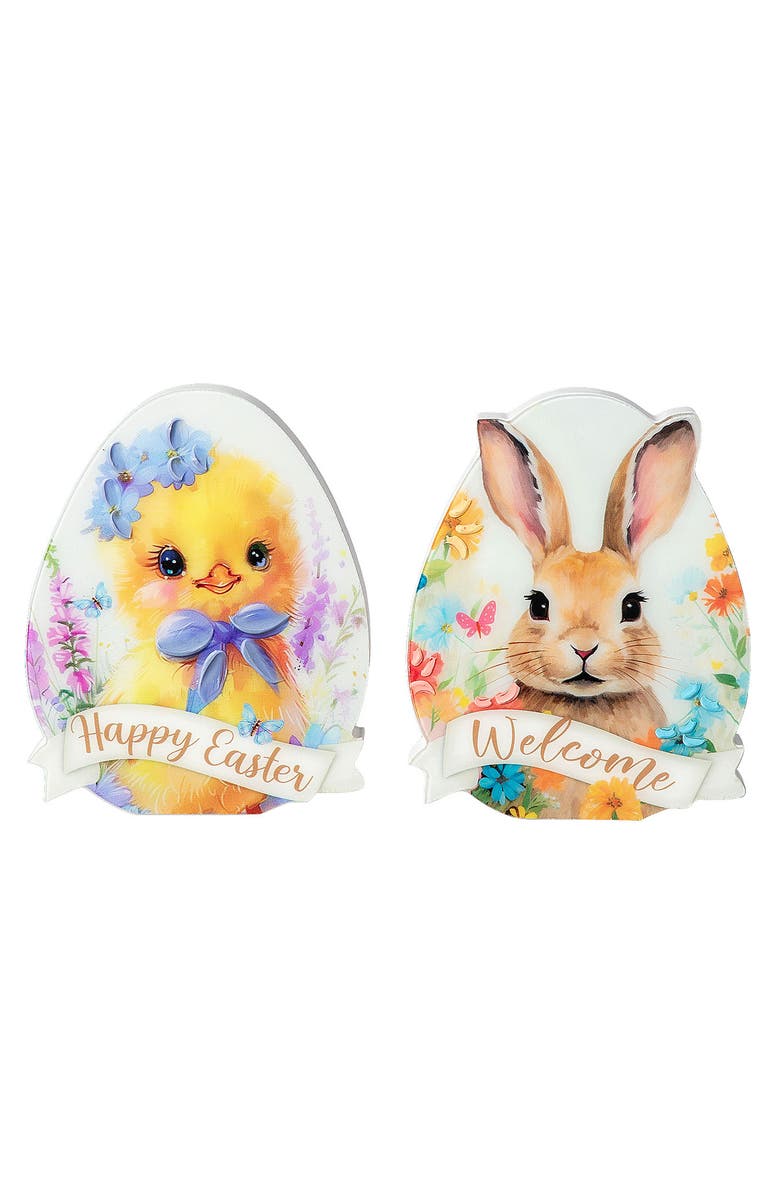 Glitzhome Set of 2 Easter Wooden & Epoxy Egg Chick Table Decor, Main, color, Pink