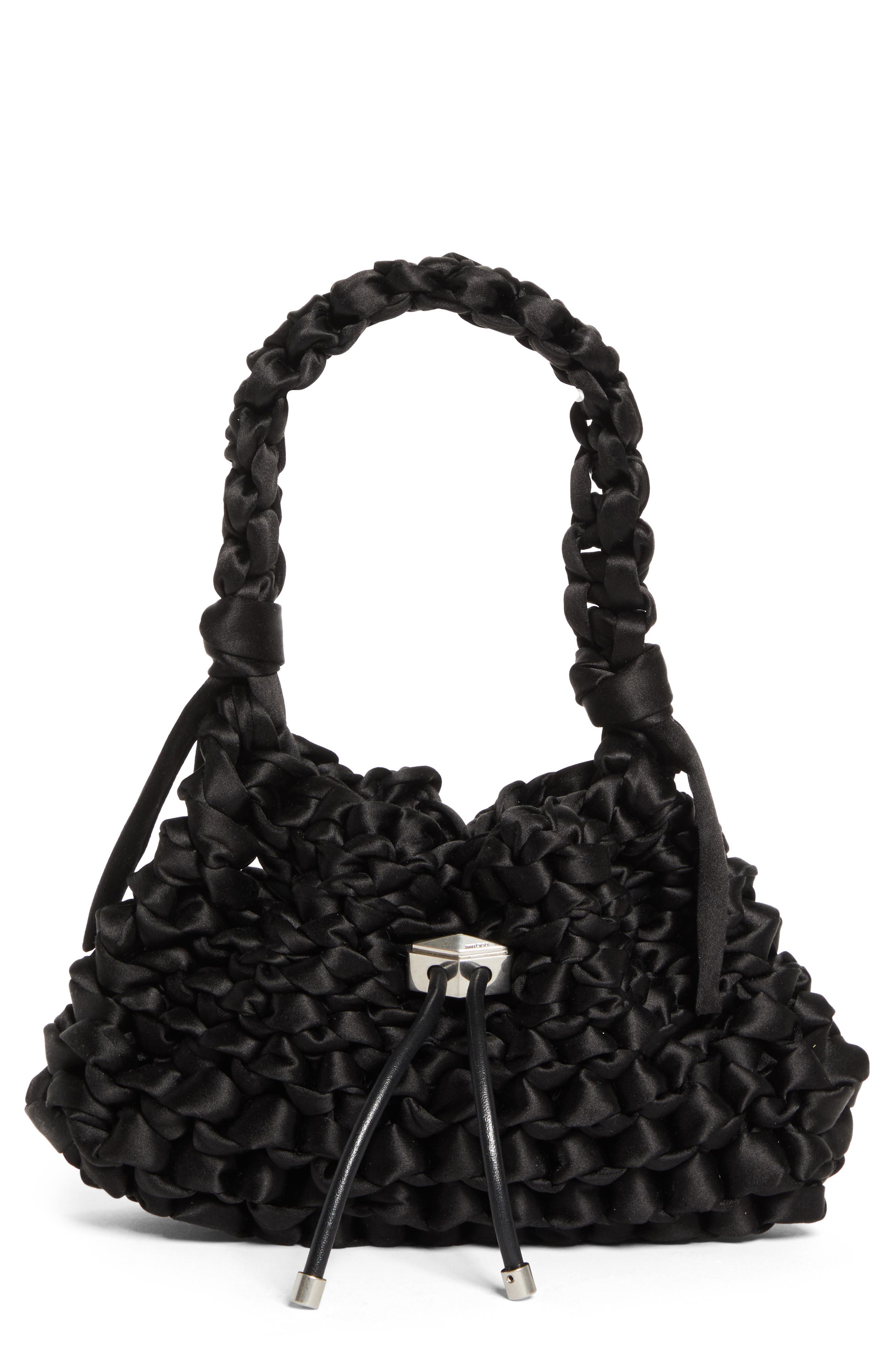 Jimmy Choo Small Cinch Satin Bucket Bag, Main, color, Black/ Antique Silver