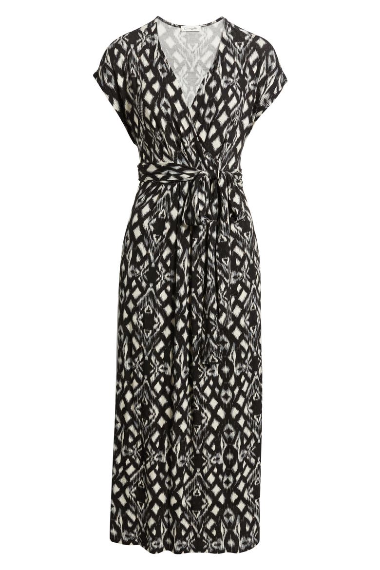 Geo Print Faux Wrap Midi Dress, Alternate, color, BLACK/ GREY
