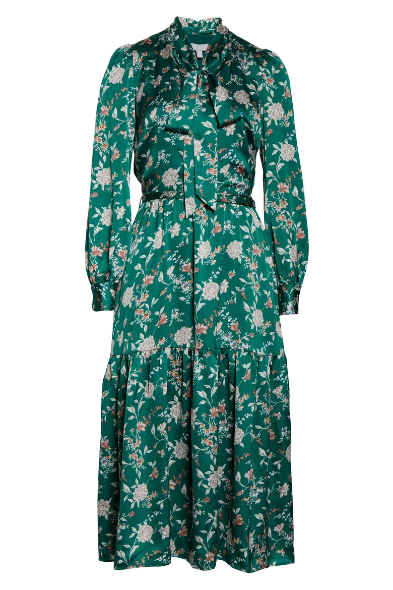 Floral Long Sleeve Satin Shirtdress, Alternate, color, GREEN FLORAL
