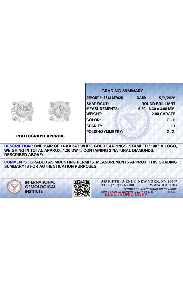 Bliss Diamond Certified 2.00Ct TW Natural Diamond Studs 14k Gold, Alternate, color,