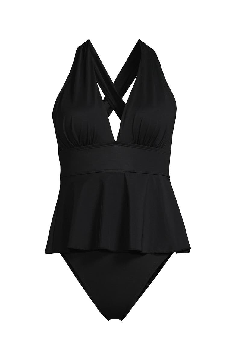 Lands' End SlenderSuit Plunge Ruched X-Back Ruffle Fauxkini One Piece Swimsuit, Alternate, color, Black