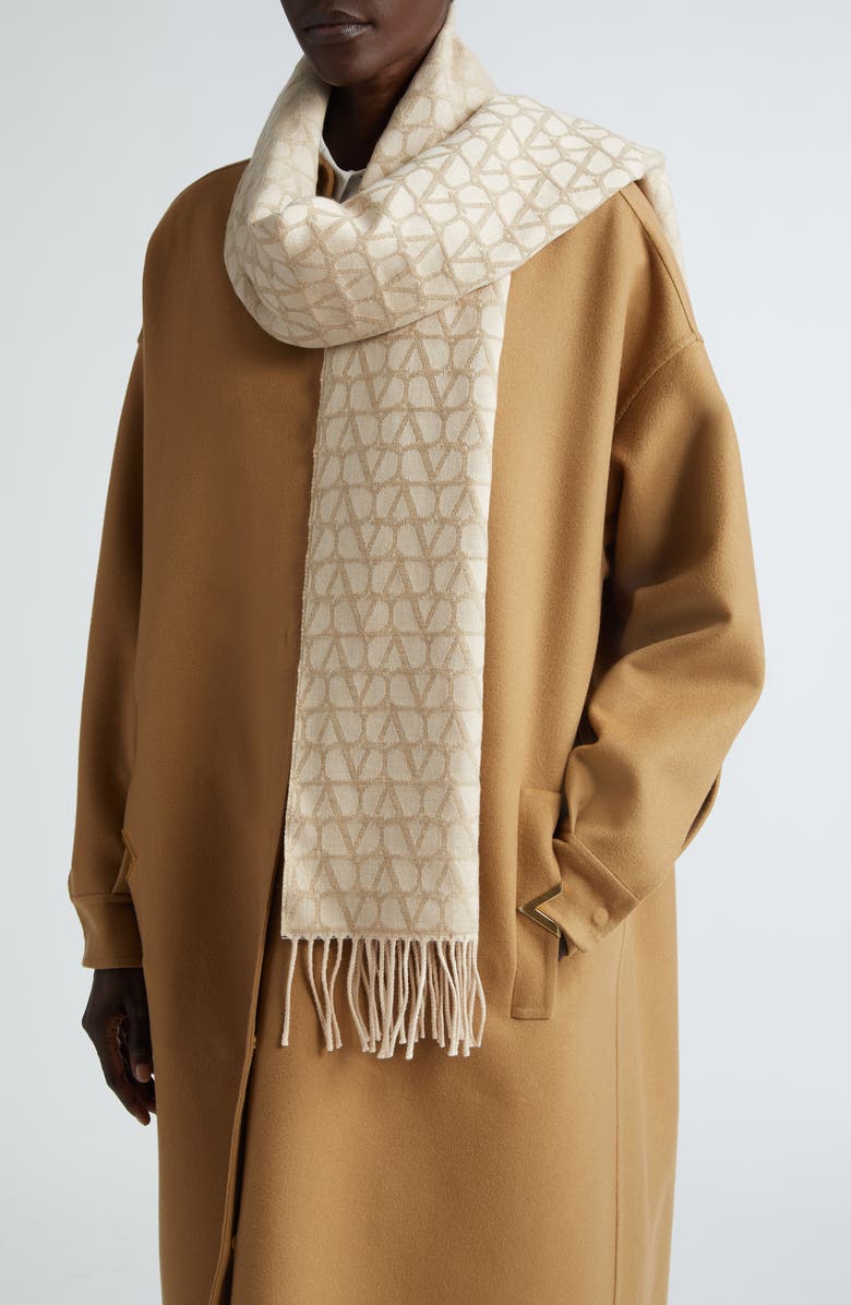 Valentino Garavani Icon Logo Jacquard Virgin Wool Fringe Scarf, Alternate, color, 