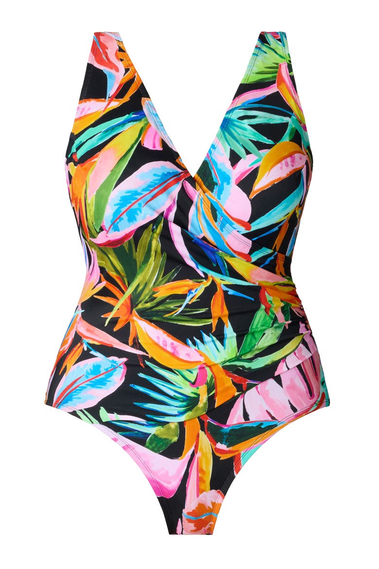 Side Shirred Surplice Long Torso One-Piece Swimsuit, Alternate, color, Tropicana