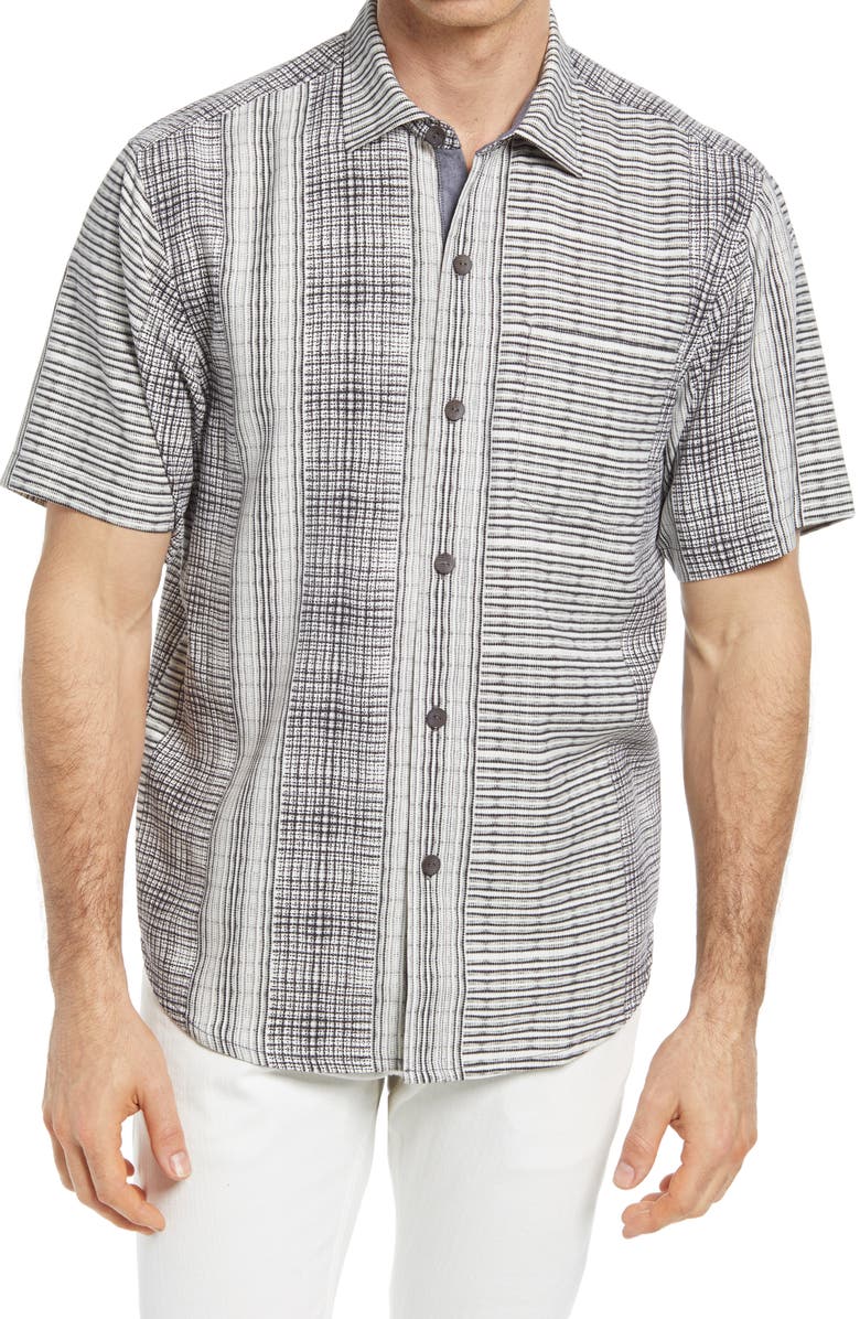 Tommy Bahama Bay Street Blues Short Sleeve Silk Button-Up Shirt, Main, color,