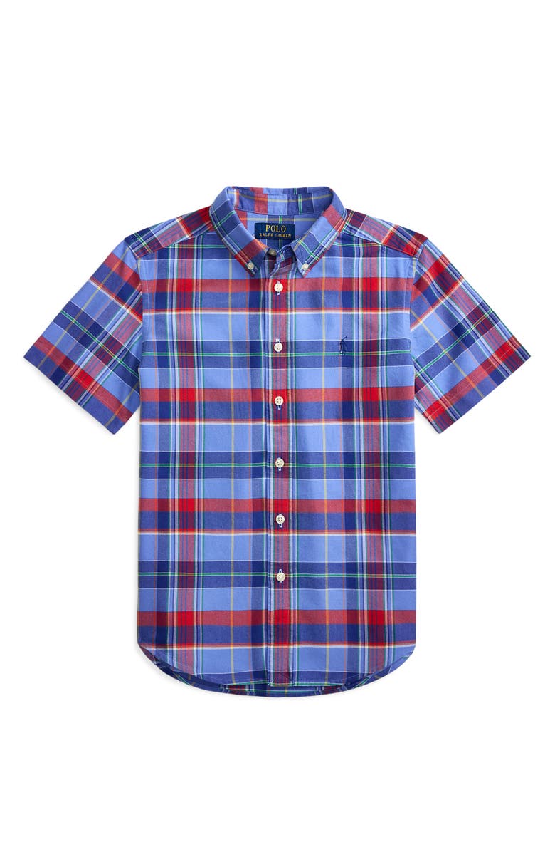 Polo Ralph Lauren Kids' Classic Plaid Short Sleeve Cotton Button-Down Shirt, Main, color, Blue Red Multi