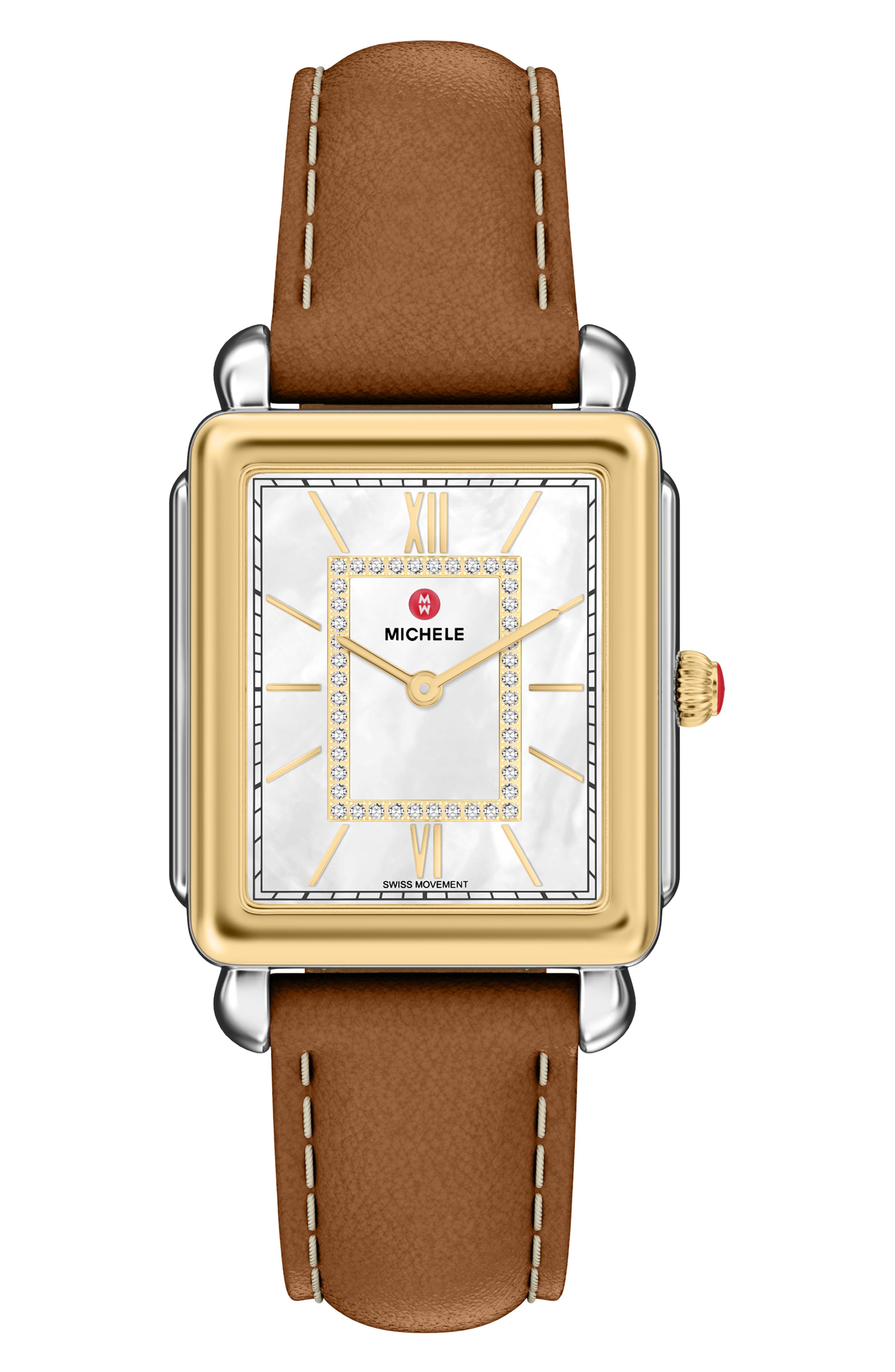 Deco II Diamond Mother-of-Pearl Leather Strap Watch, 26mm x 28mm