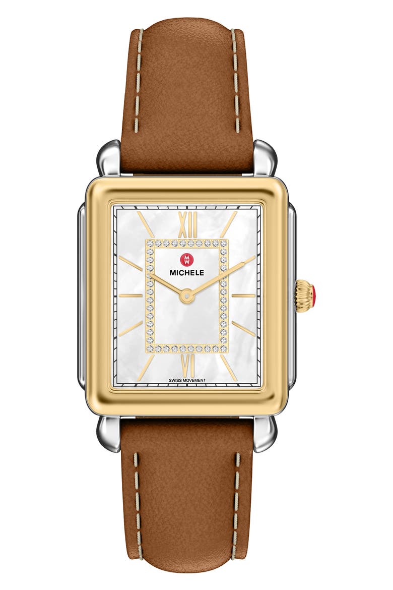Deco II Diamond Mother-of-Pearl Leather Strap Watch, 26mm x 28mm, Main, color, SILVER