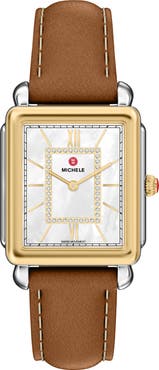 MICHELE Deco II Diamond Mother-of-Pearl Leather Strap Watch, 26mm x 28mm