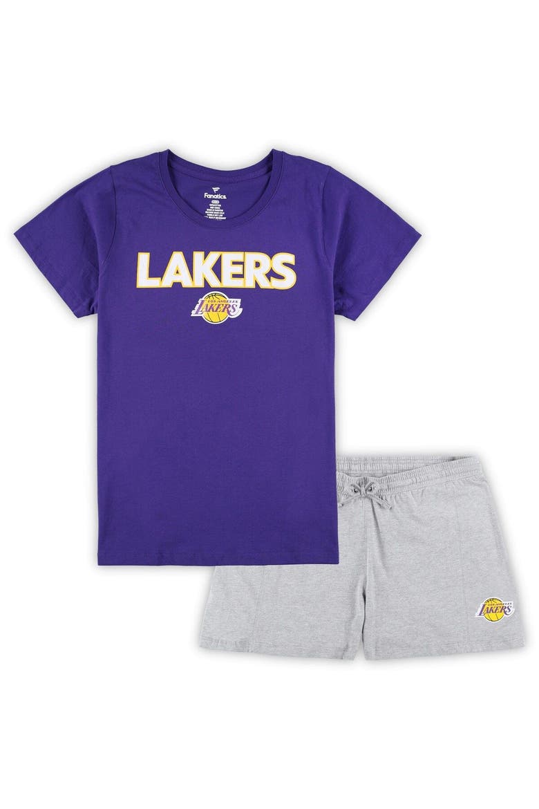 Women's Fanatics Branded Purple/Heather Gray Los Angeles Lakers Plus Size T-Shirt & Shorts Combo Set, Main, color, Purple