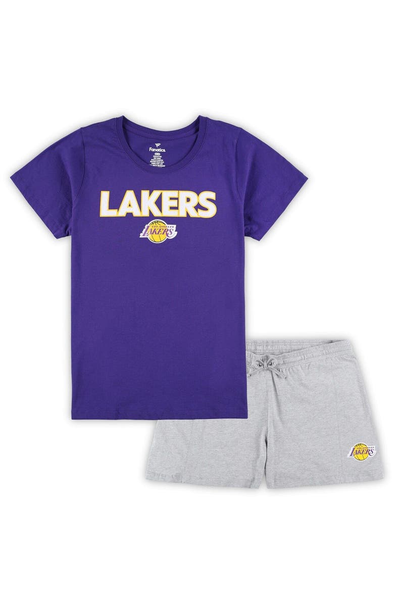 FANATICS Women's Fanatics Branded Purple/Heather Gray Los Angeles Lakers Plus Size T-Shirt & Shorts Combo Set, Main, color, Purple