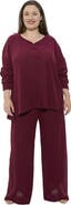 24seven Comfort Apparel Plus Size V Neck Long Sleeve Soft Waffle Knit Top and Pant Set