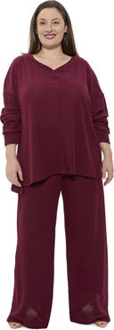 24seven Comfort Apparel Plus Size V Neck Long Sleeve Soft Waffle Knit Top and Pant Set