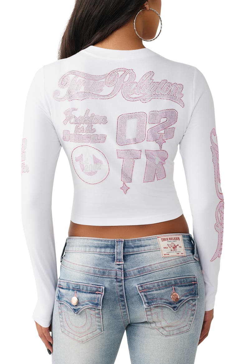Sporty Crystal Logo Graphic Long Sleeve T-Shirt, Alternate, color, WHITE/ PINK