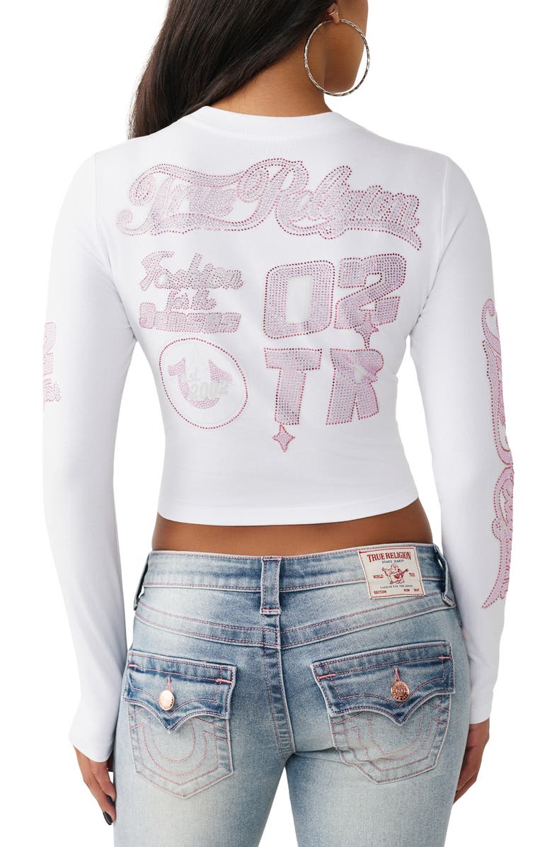 True Religion Sporty Crystal Logo Graphic Long Sleeve T-Shirt, Alternate, color, White/ Pink